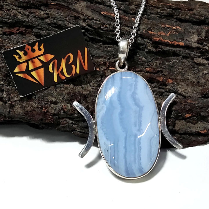 Natural Blue Lace Agate Gemstone Chain Pendant, 925 Sterling Silver Pendant Jewelry, Silver Designer Handmade Pendant, Gift Birthday Pendant