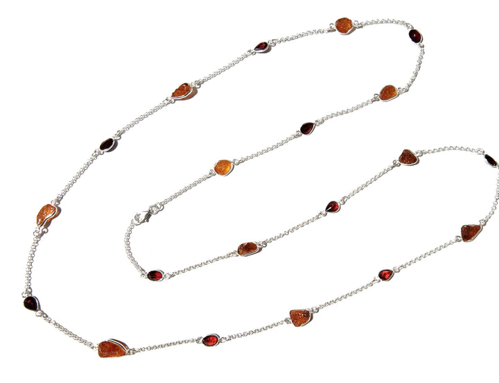 Beautiful Log Necklace 100% Natural Gemstone Yellow Garnet Rough & Garnet Faceted Log Bezel Necklace With 925 Starling Silver Length 36 inch