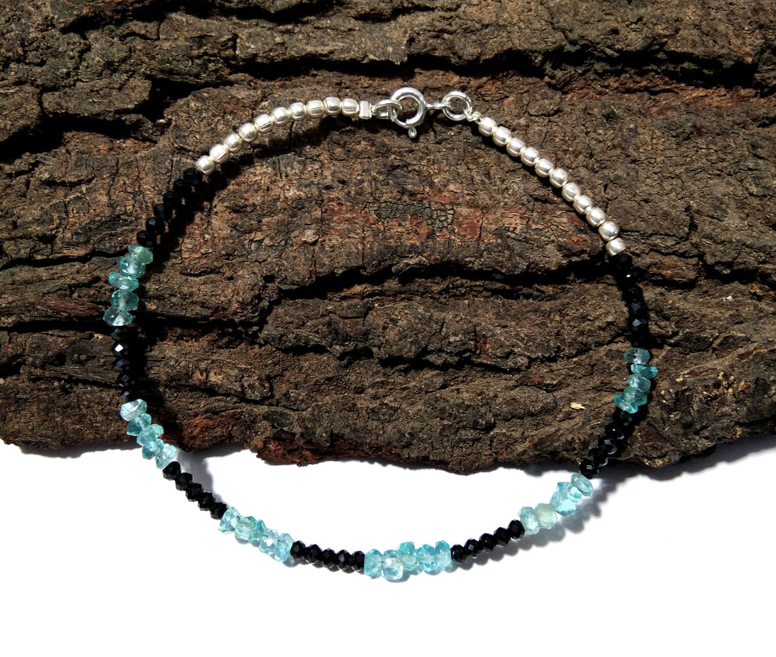 Apatite & Black Spinel Bracelet, Apatite Jewelry, Black Spinel Bracelet, May Birthstone, 925 Silver Wristlet Beaded Bracelet, Gift For Her