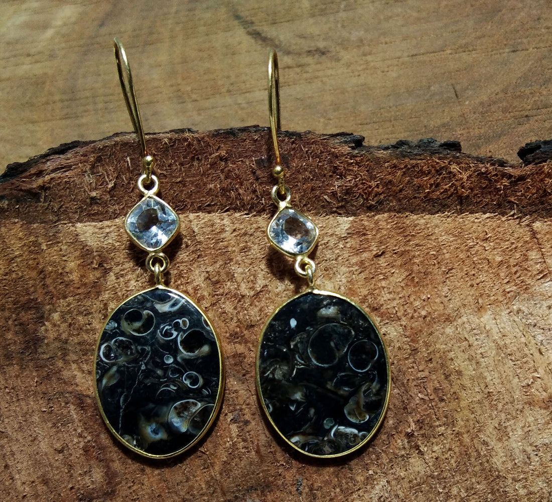 White Topaz & Turtella Jasper Earrings ! 925 Starling Silver With Gold Plated And Natural Gemstone Earrings Topaz Faceted,Turritella Fossil.