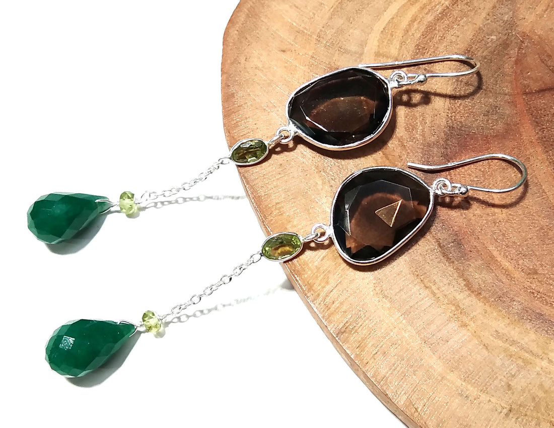 Solid 925 Starling Silver Earrings, Natural Green Jade, Peridot & Smoky Quartz Gemstone Earring, Handmade Earring Jewelry Gift For Women