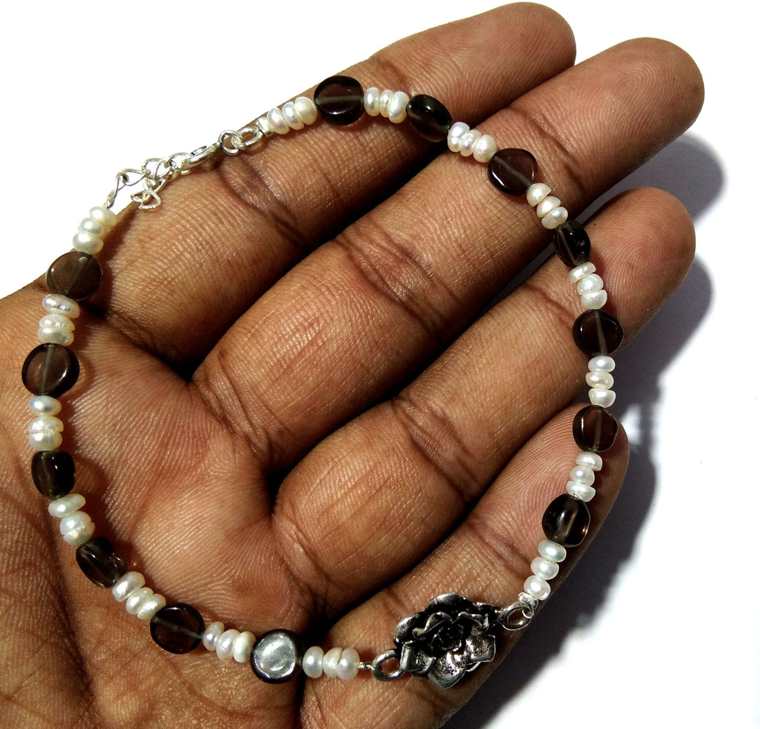 20%Off ! Freshwater Pearl & Smoky Quartz Bracelet, Pearl Jewelry, Solid 925 Sterling Silver Stone Bracelet, Bridesmaid Gift, Bridal Bracelet