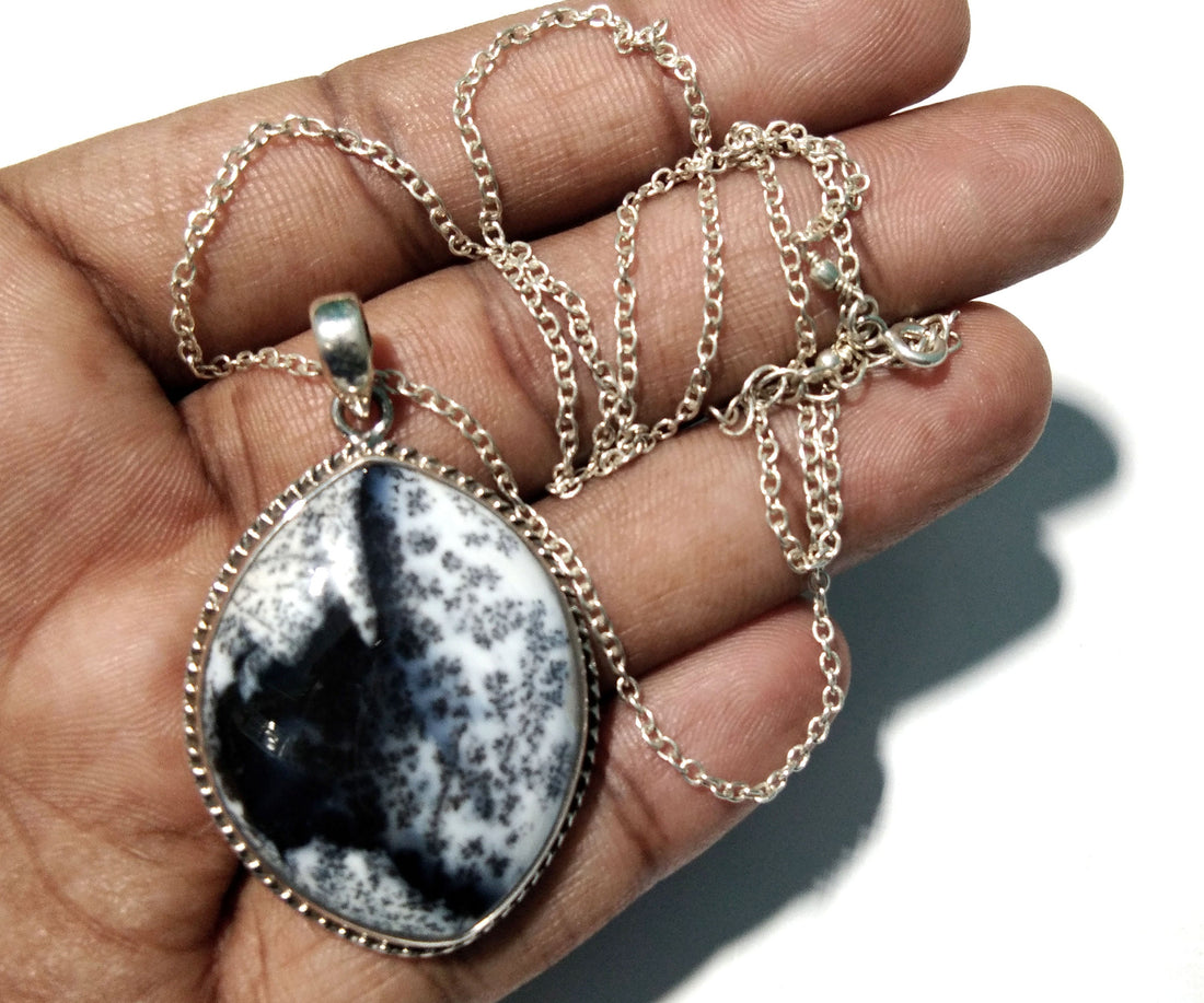 Natural Dendrite Opal Gemstone Pendant, 925 Solid Sterling Silver Design Pendant Chain, Fancy Shape For Gift Easter Pendant Jewelry