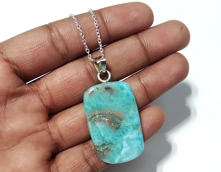 Natural Larimar Gemstone Chain Pendant, 925 Starling Silver Pendant Necklace, Handmade Jewelry Wonderful Larimar Stone Size 34x22 mm Pendant