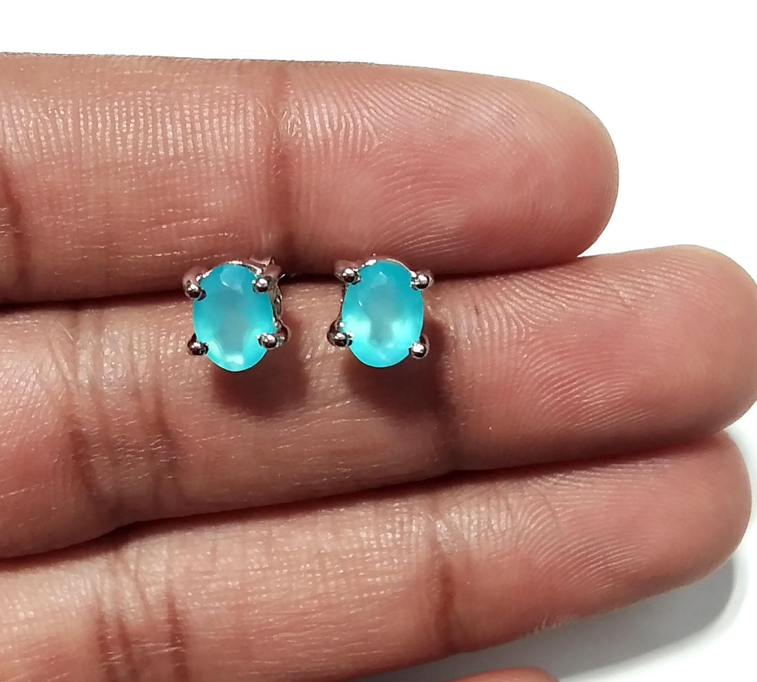 Aqua Chalcedony Stud Earrings, 925 Starling Silver Earring, Natural Aqua Chalcedony Studs Earring, Oval Shape Stone Size 7x5mm Gift For Her