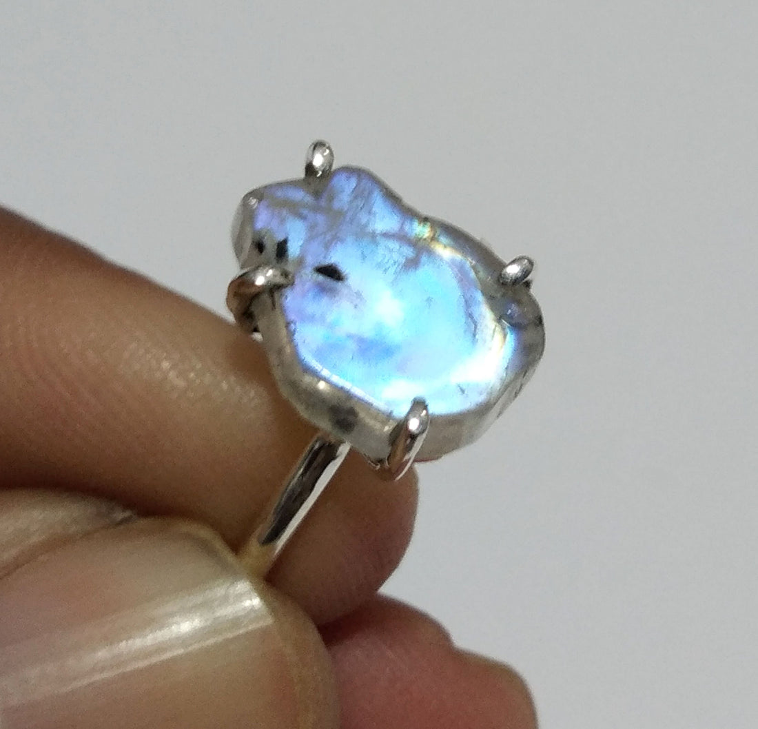 Natural Raw Rainbow Moonstone Rough Stone Ring, Solid 925 Sterling Silver Ring, Moonstone Stone Size 13x8mm Handmade Ring Gift Birthday Ring