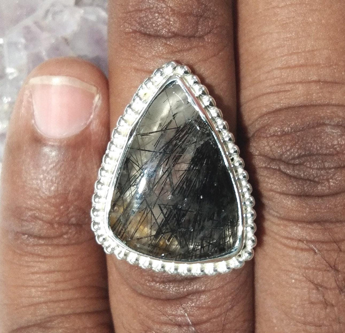 AAA+ Gemstone Black Rutile Quartz Cabochon Rings ! 925 Starling Silver Jewelry, Natural Stone Black Rutile Ring, Crystal Ring For Women Gift