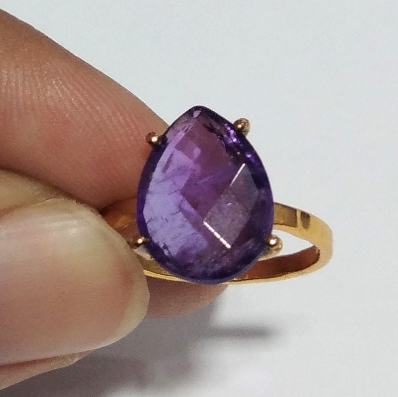 Natural Amethyst Gemstone Ring, 925 Solid Sterling 18k Gold Plated Silver Ring, Amethyst Stone Size 14x10 mm Handmade Gift Mother's day Ring