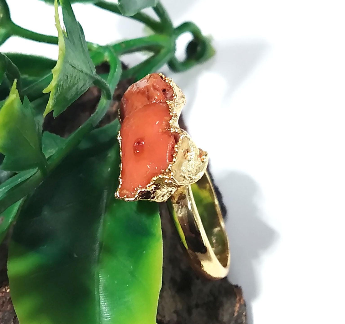 Natural Red Coral Rough Stone Ring, Solid 925 Sterling Silver Gold Plated Ring, Red Coral Stone Size 15x8 mm Handmade Gift Statement Ring
