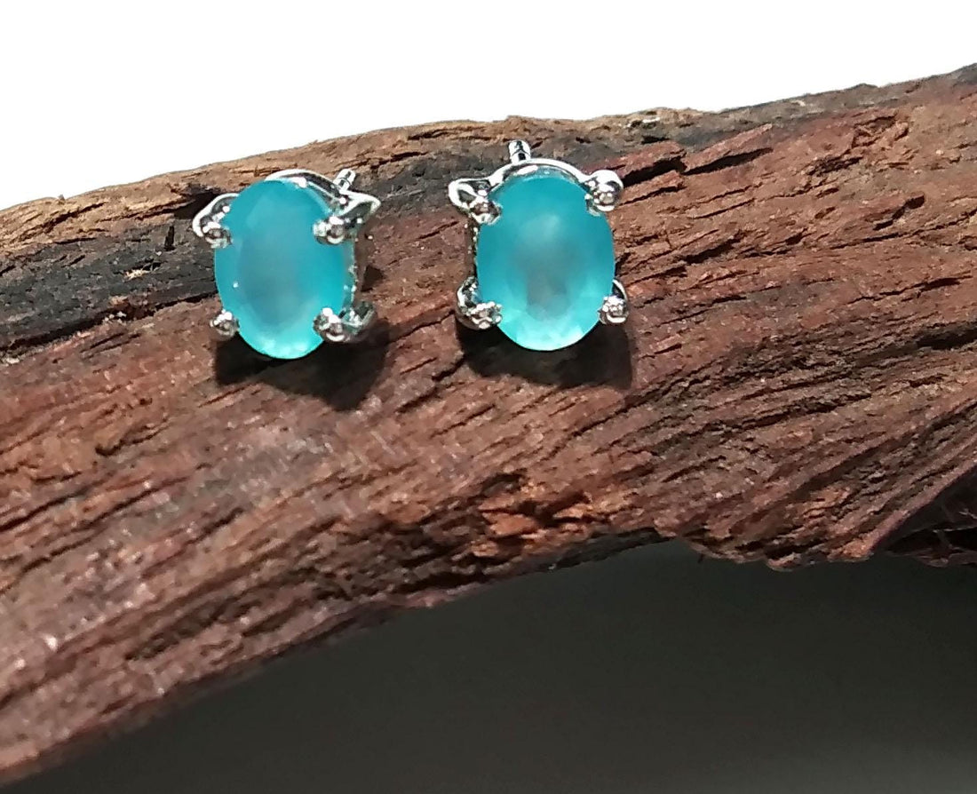 Aqua Chalcedony Stud Earrings, 925 Starling Silver Earring, Natural Aqua Chalcedony Studs Earring, Oval Shape Stone Size 7x5mm Gift For Her