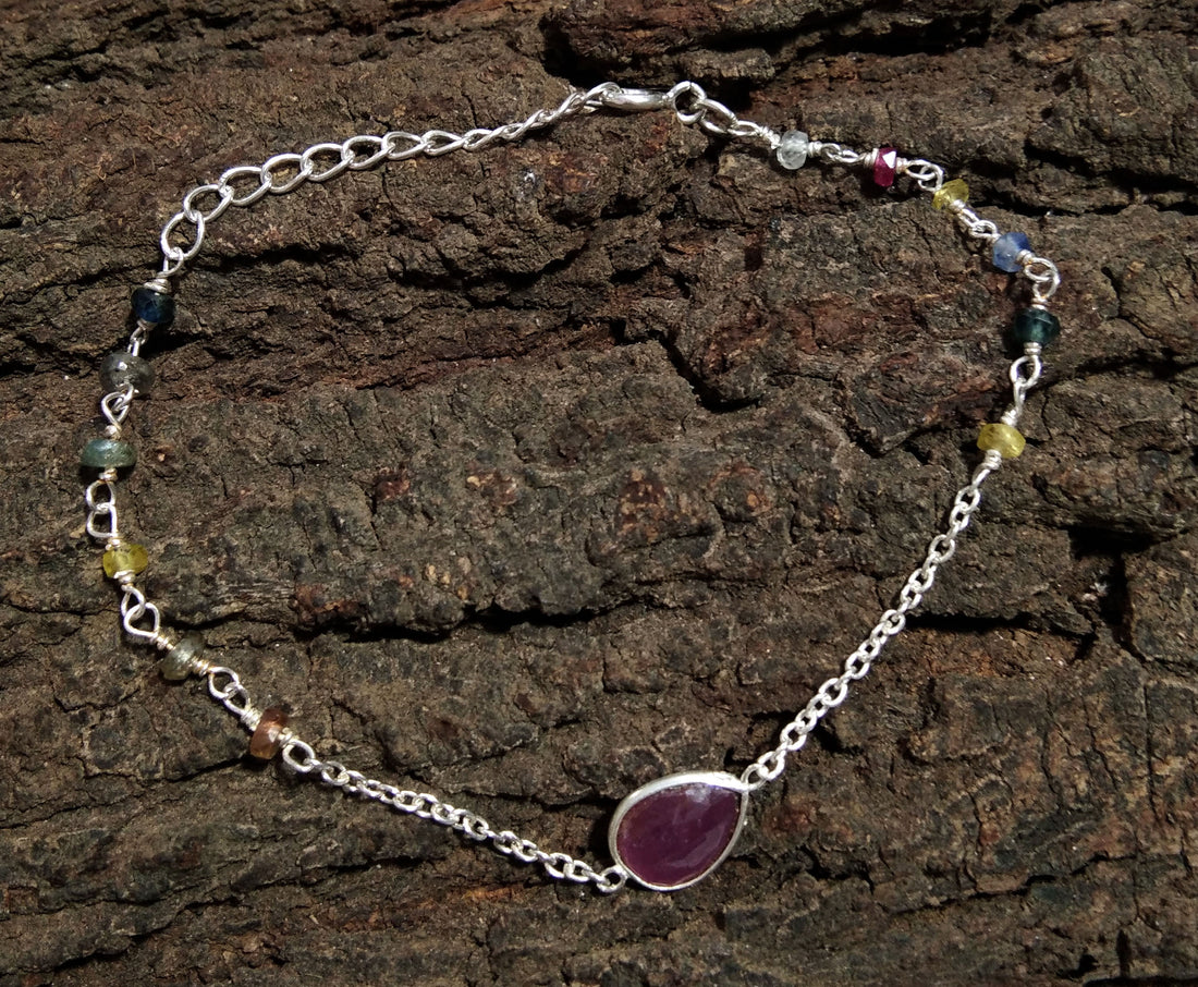 Natural Ruby, Multi Tourmaline Bracelet, 925 Sterling Silver Bracelet, Healing Crystal Gemstone, Tourmaline Gift Valentine day Bracelet