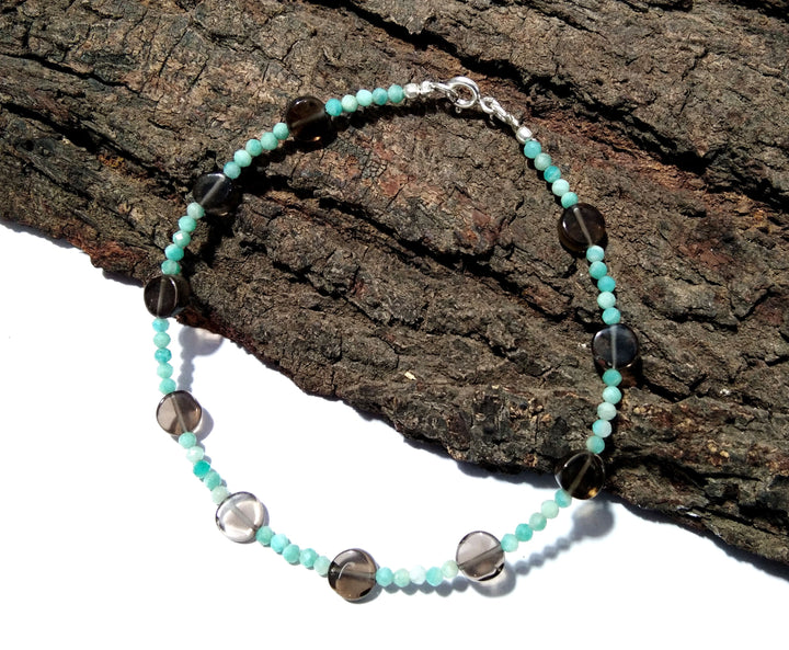 925 Silver Bracelet, With Natural Amazonite & Smoky Quartz Bracelet, Gifts For Her, Boho Dainty Minimalist, Women Bracelet, Tiny Bracelet