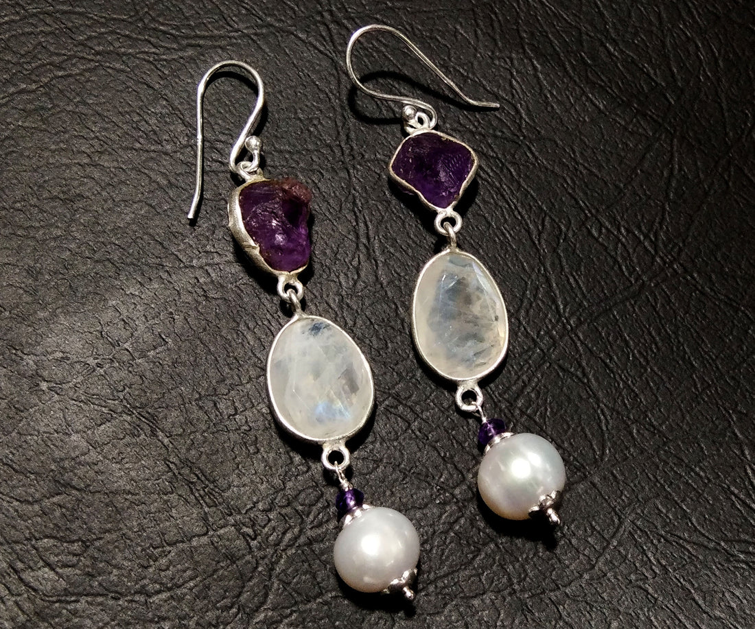 Bezel Earrings, Natural Gemstone Amethyst,Rainbow Moonstone & Pearl Earring, 925 Starling Silver Earring, Handmade Making Bezel Earring