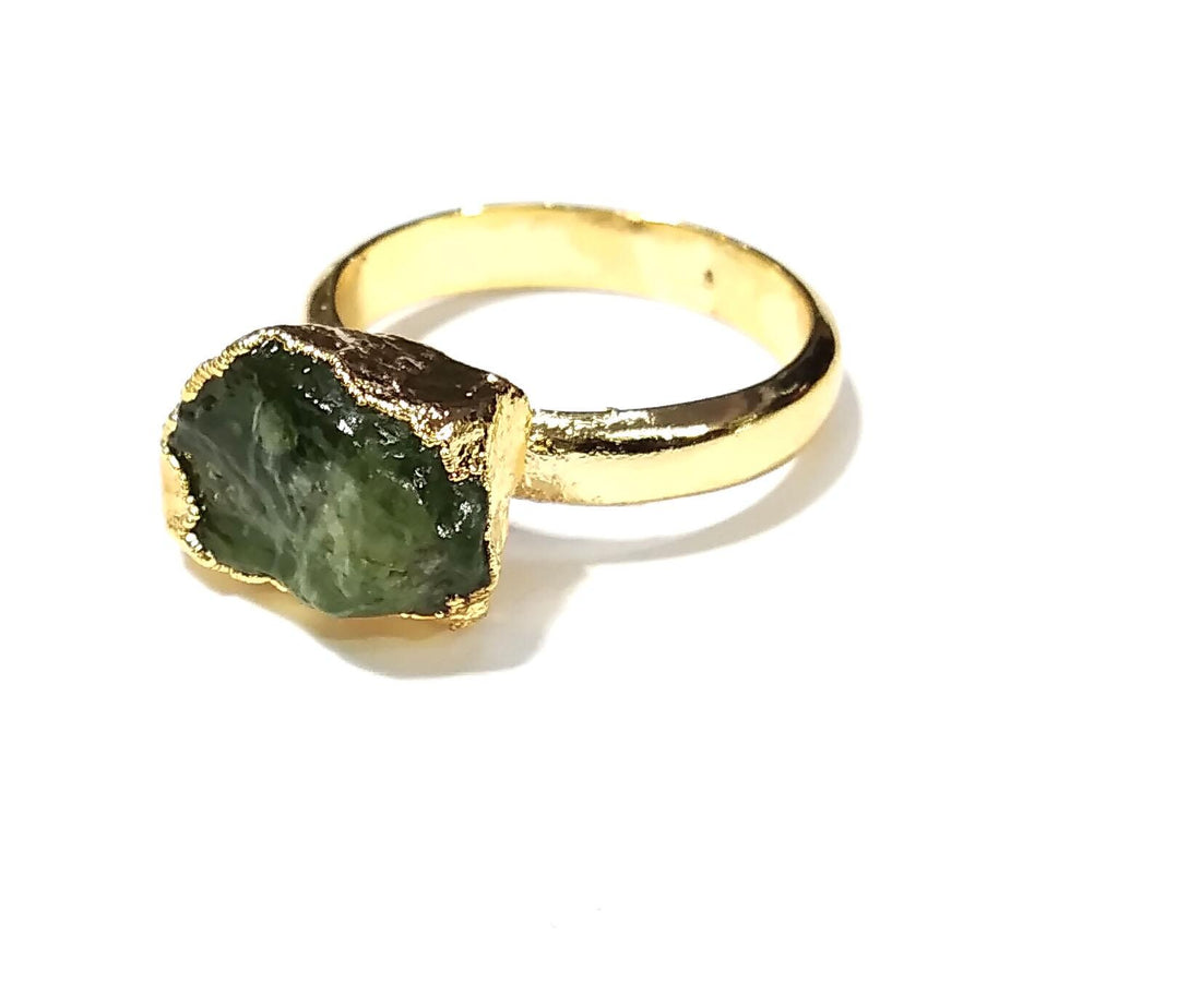 Peridot Raw Gemstone Ring, Solid 925 Sterling Silver Gold Plated Ring, Natural Peridot Rough Ring, Stone Size 12x8 mm Handmade Gift Ring