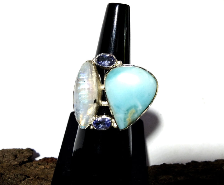 Natural Larimar, Rainbow Moonstone & Tanzanite Ring, 925 Solid Sterling Silver Ring, Gemstone Jewelry Rings, Handmade Making Jewelry Ring