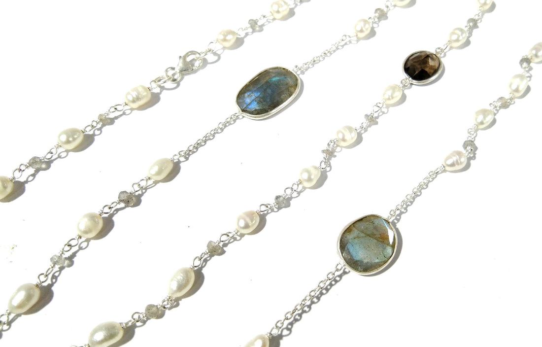 36'' Inch Log Beaded Necklace ! Lebradorite Necklace With Pearl & Smoky Quartz, 925 Sterling Silver Jewelry, Handmade Beaded Necklace.