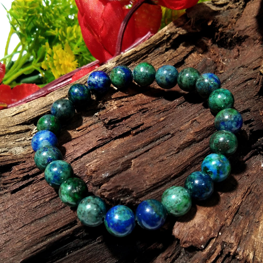 Azurite Malachite Gemstone Bracelet, Friendship Bracelet, Healing Crystal Beaded Bracelet, Men & Women Round Bracelet Size 8x8 mm Stone