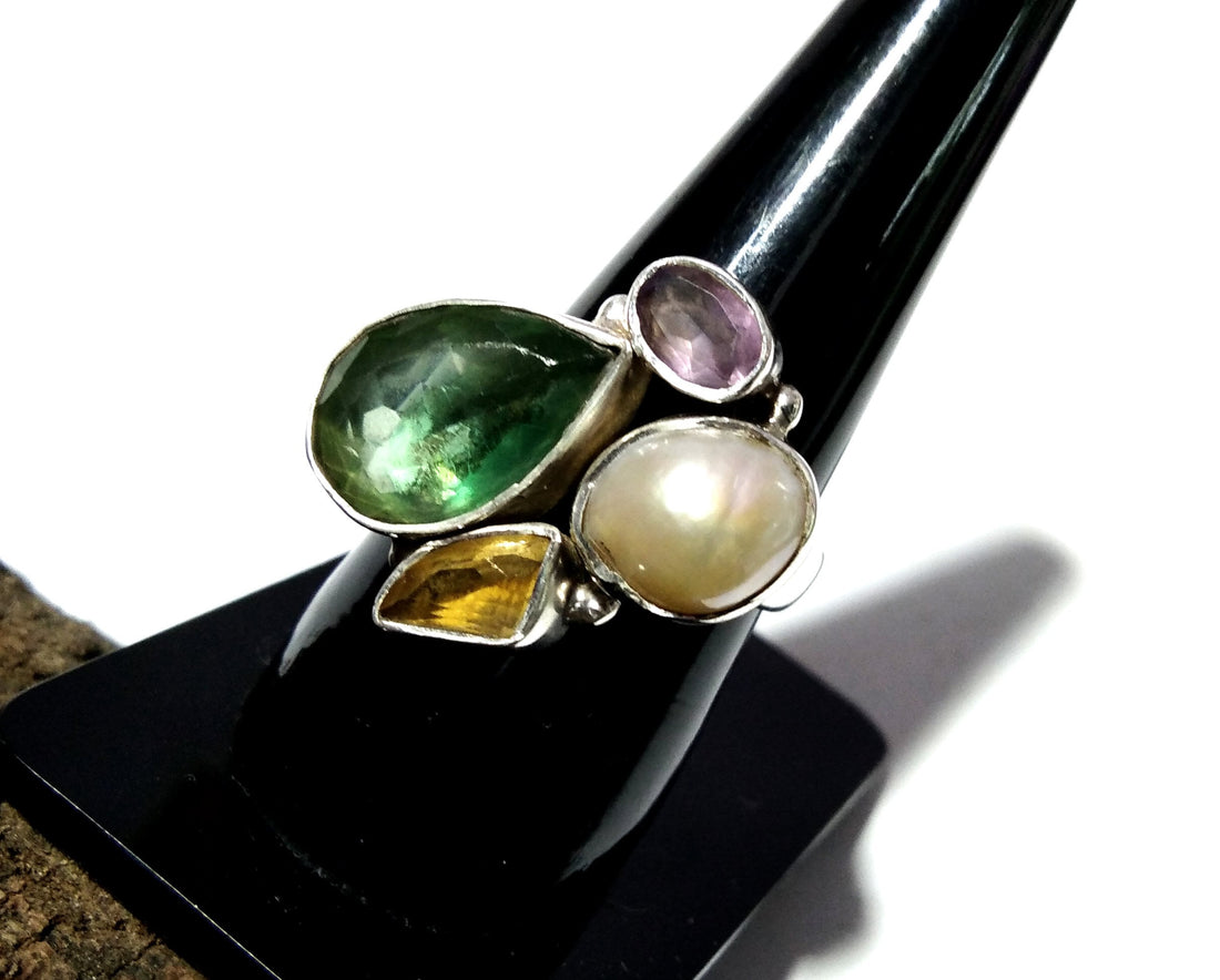 Fluorite, Citrine, Amethyst & Pearl Gemstone Ring, Very Beautiful Handmade Making Rings, ALL Natural Gemstone With 925 Starling Silver Ring