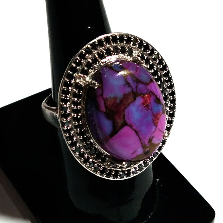 Purple Copper Turquoise and Zircon Ring, Solid 925 Starling Silver Ring, Turquoise Black Zircon Ring Jewelry, Oval Shape For Gift Rings
