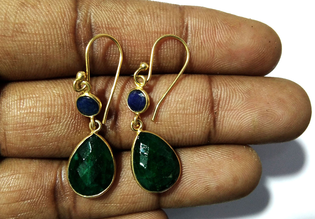 925 Sterling Silver Earring, Natural Emerald & Blue Sapphire With Gold Plated Earring, Beautiful Bezel Earring, For Girls/Women Gift