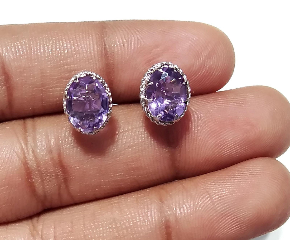 Amethyst Stud Earrings, 925 Solid Starling Silver Earring Jewelry, Natural Amethyst Gemstone Oval Shape Stone Size 9x7mm Gift For Her, Studs