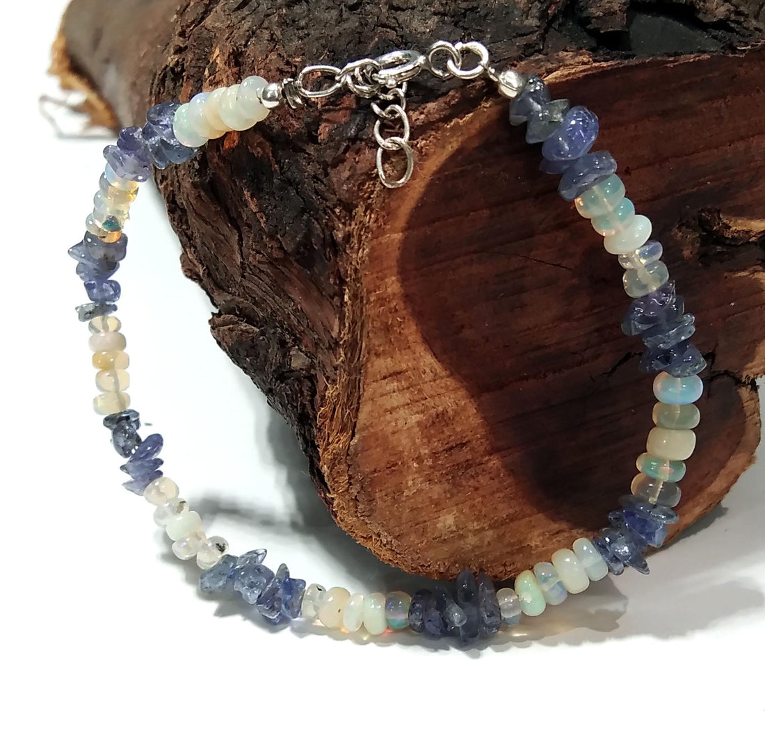 Natural Tanzanite And Ethiopian Opal Bracelet, Flashy Opal Gemstone Bracelet, December Birthstone Gift, Handmade Opal Jewelry, Gift For Her