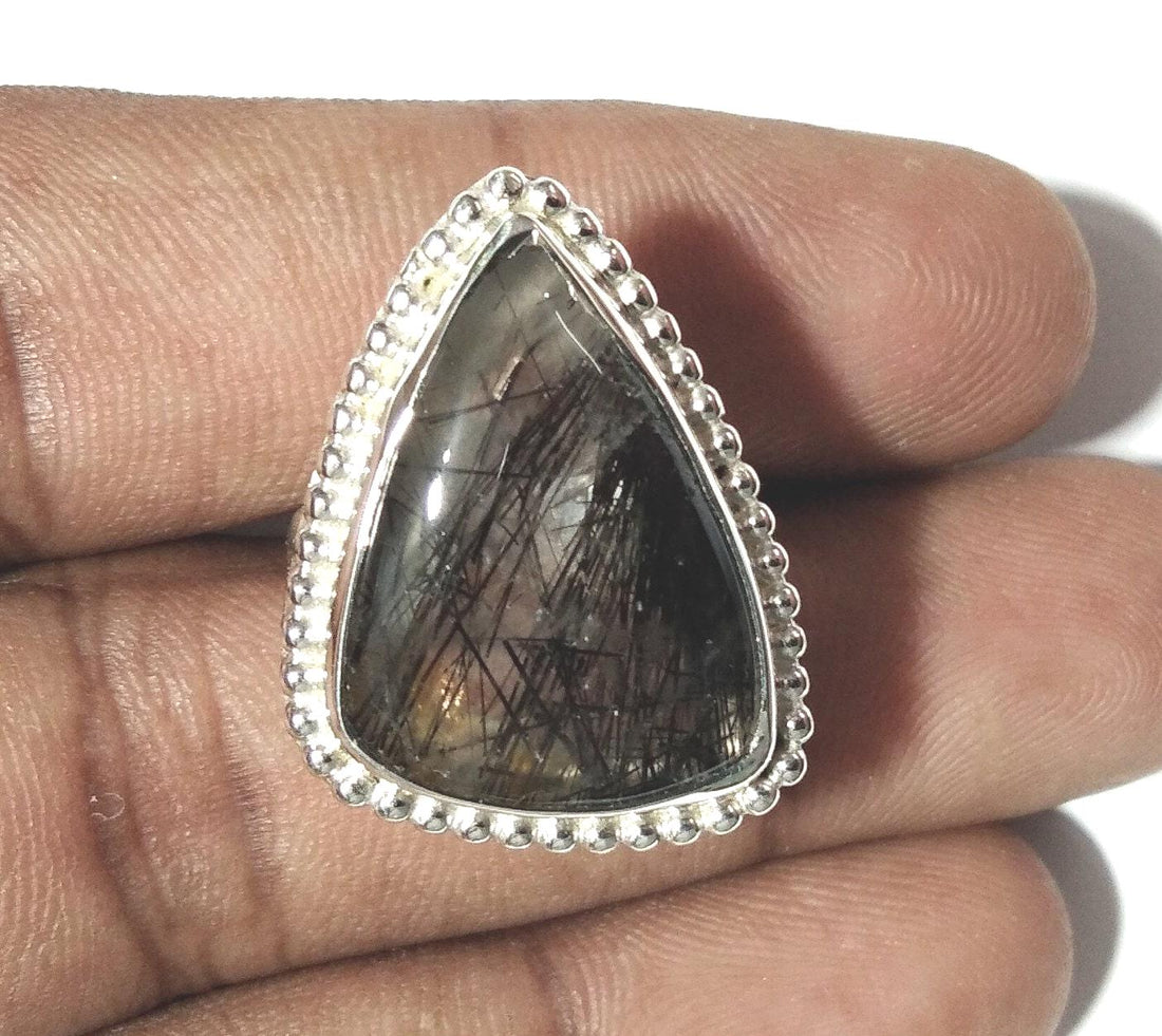 AAA+ Gemstone Black Rutile Quartz Cabochon Rings ! 925 Starling Silver Jewelry, Natural Stone Black Rutile Ring, Crystal Ring For Women Gift