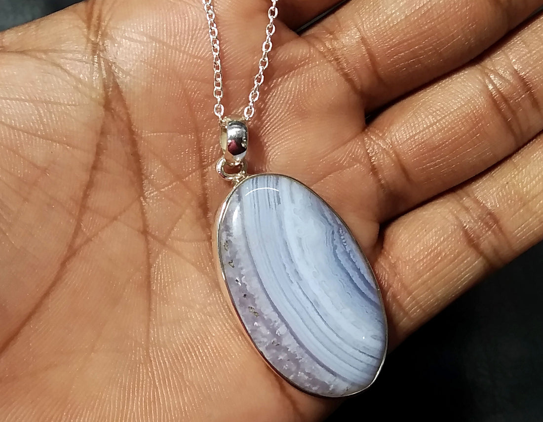 Natural Blue Lace Agate Gemstone Pendant, 925 Starling Silver Pendant Chain Necklace, Handmade Jewelry Stone Size 37x21 mm Gift Pendant