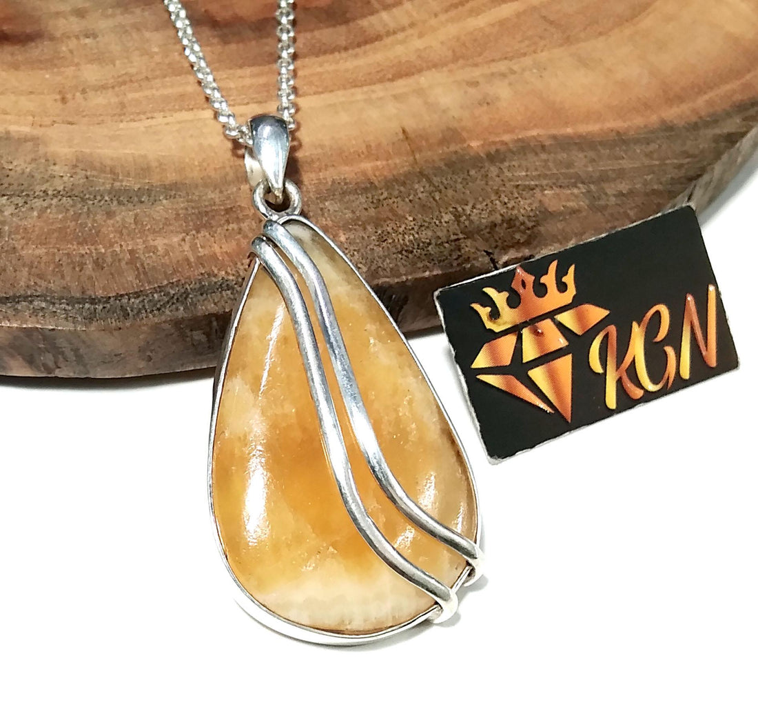 Natural Yellow Lace Agate Stone Chain Pendant Necklace, 925 Sterling Silver Pendant, Beautiful Color Yellow Agate Stone Pendant Gift For Her