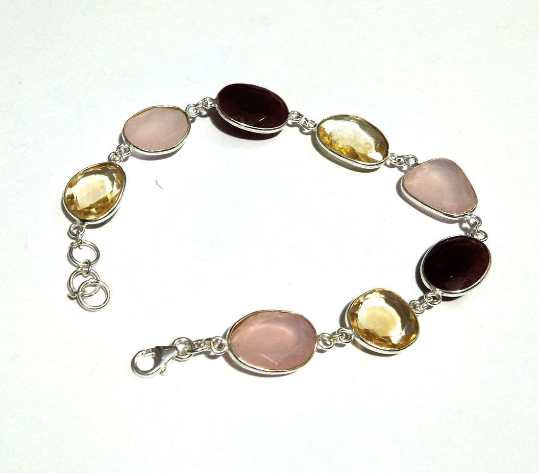 Natural Red Ruby/Rose Quartz/Lemon Quartz Gemstone Bracelet, 925 Sterling Silver Bracelet 8 inches Stone Size 16x14 mm Gift Wedding Bracelet