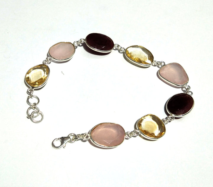 Natural Red Ruby/Rose Quartz/Lemon Quartz Gemstone Bracelet, 925 Sterling Silver Bracelet 8 inches Stone Size 16x14 mm Gift Wedding Bracelet