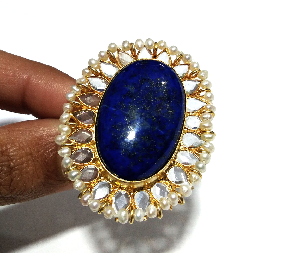 Lapis Lazuli, Fresh Water Baroque Pearl, Zircon Stone Ring, 925 Solid Starling Silver Gold Plated Ring, Stone Size 29x23mm Handmade Ring