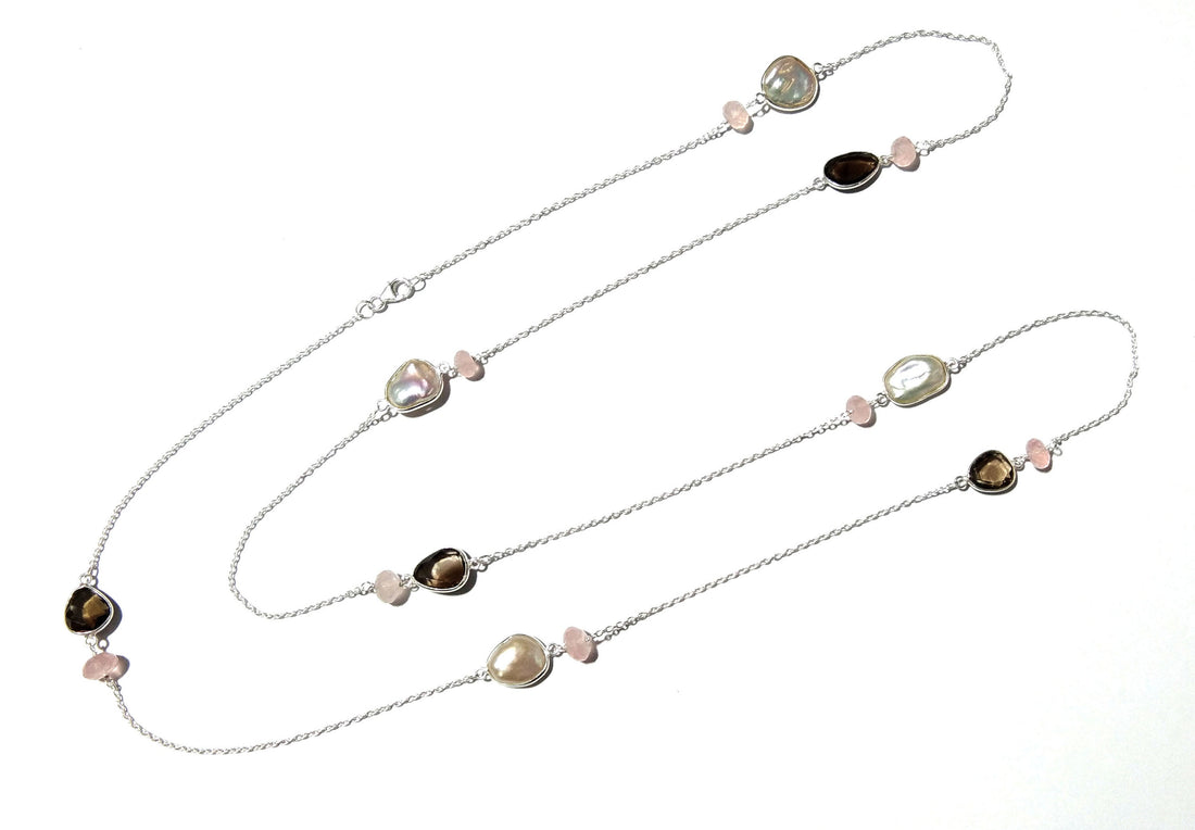 Very Beautiful Log Necklace ! Natural Gemstone Smoky Quartz, Rose Quartz & Pearl Log Beaded Necklace With 925 Starling Silver Length 40 inch