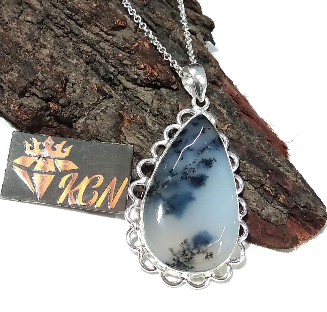 Amazing Design Dendrite Opal Gemstone Pendant, 925 Sterling Silver Pendant, Natural Dendrite Stone Pendant Chain Necklace ,For Girls & Women