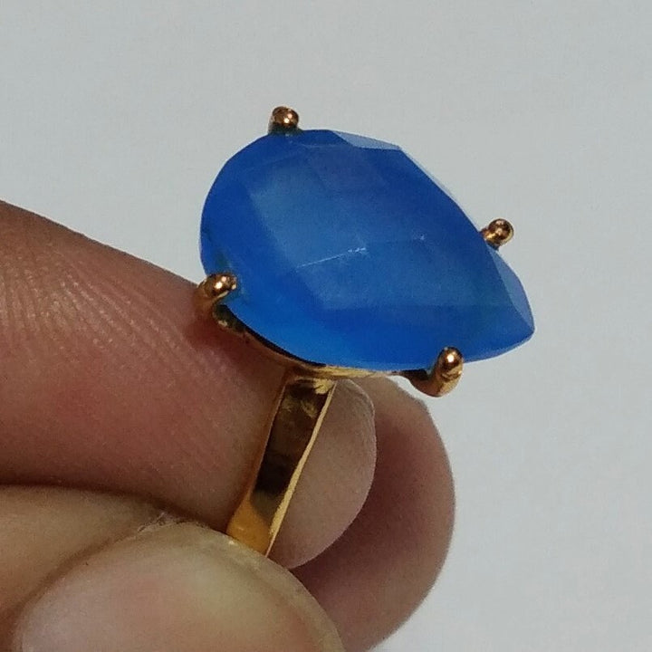Natural Blue Chalcedony Gemstone Ring, 925 Solid Sterling 18k Gold Plated Silver Ring, Chalcedony Stone Size 14x10 mm Gift Mother's day Ring