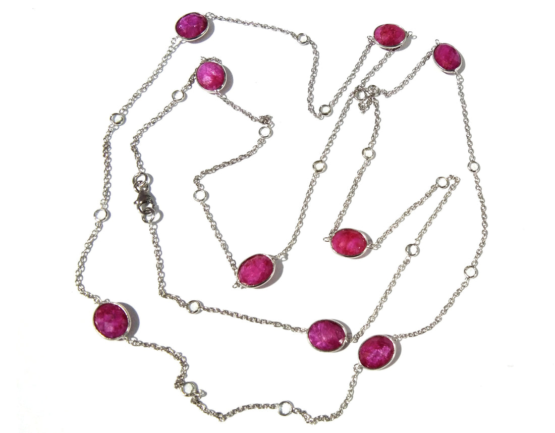 Ruby Necklace in 925 Sterling Silver With Zircon Polky Necklace, Handmade Bezel Necklace 40" Inches Length.