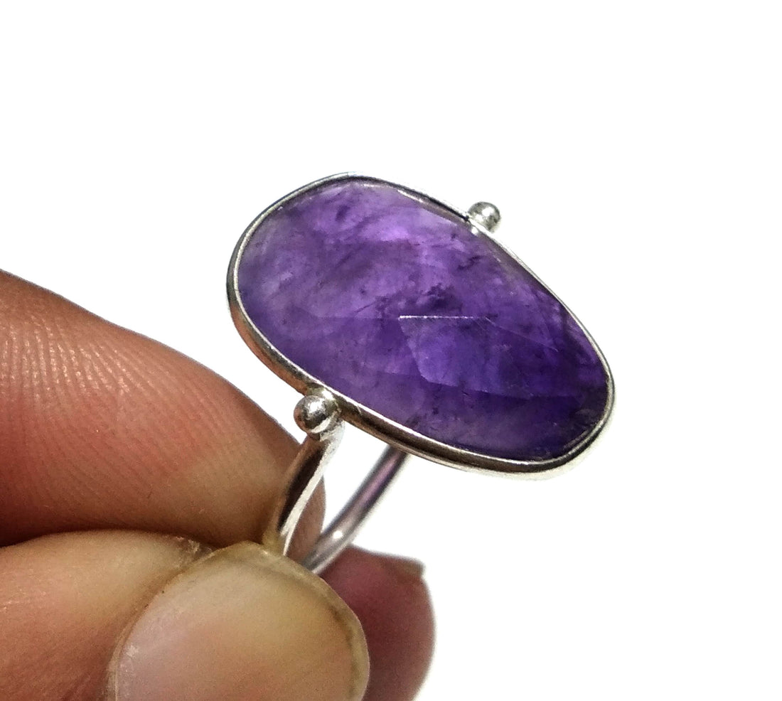 Amethyst Checker Cut Stone Ring, 925 Starling Silver Ring, Gemstone Size 18x14mm Natural Purple Amethyst Stone Gift Wedding Ring Jewelry