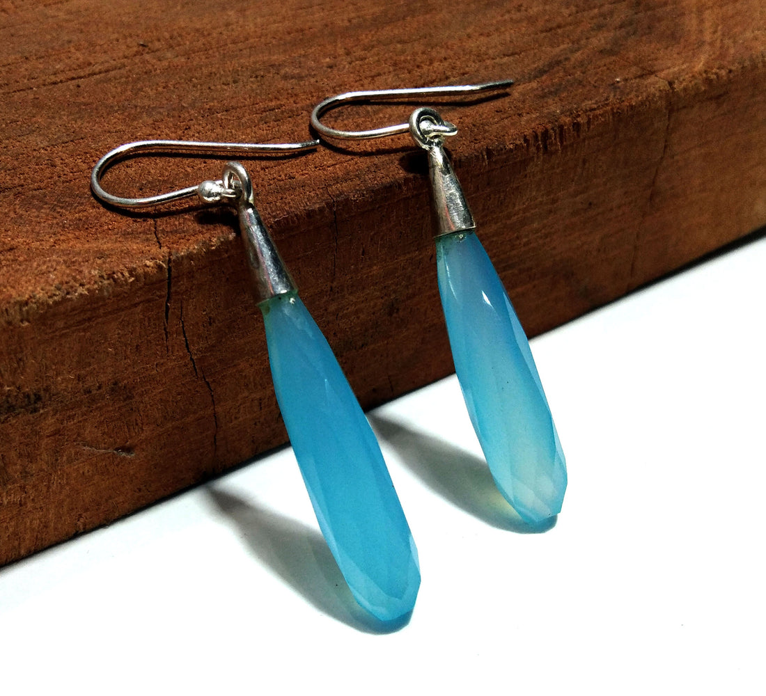 Beautiful Aqua Chalcedony Earring Gemstone, 925 Solid Starling Silver Earring Jewelry Stone Size 25x7 mm Natural Chalcedony For Gift Earring