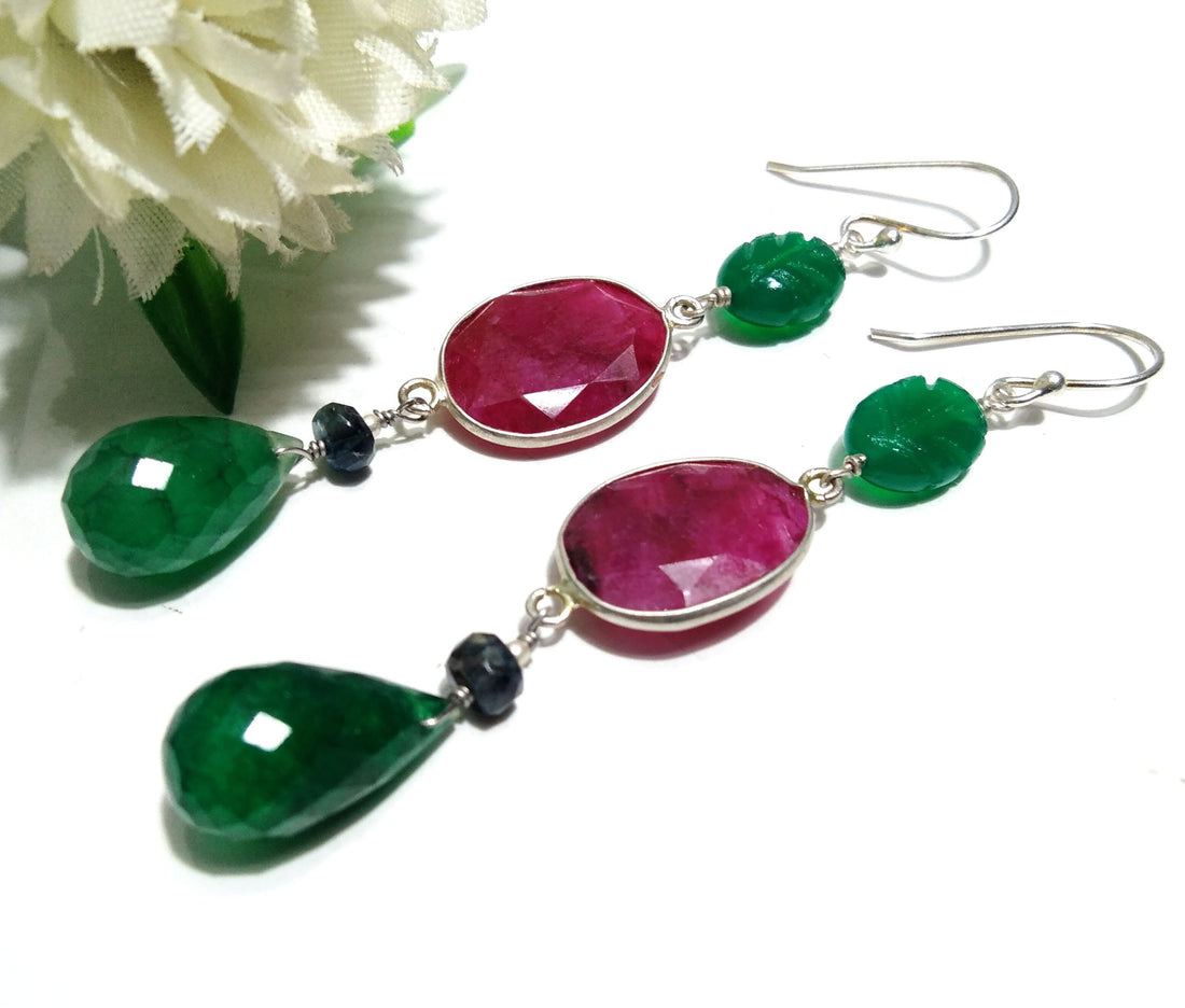 Red Ruby/Green Jade Earring, 925 Solid Starling Silver Earring, Amazing Ruby Stone Handmade Earring, Gift Women Christmas Earring Jewelry
