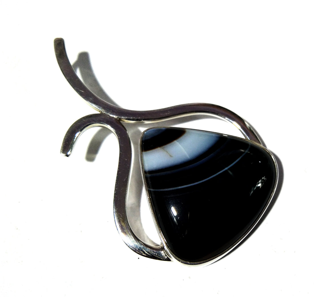 Natural Black Banded Agate Stone Pendant, Solid 925 Sterling Silver Pendant, Design Pendent Jewelry, Gift Birthday Pendant Jewelry