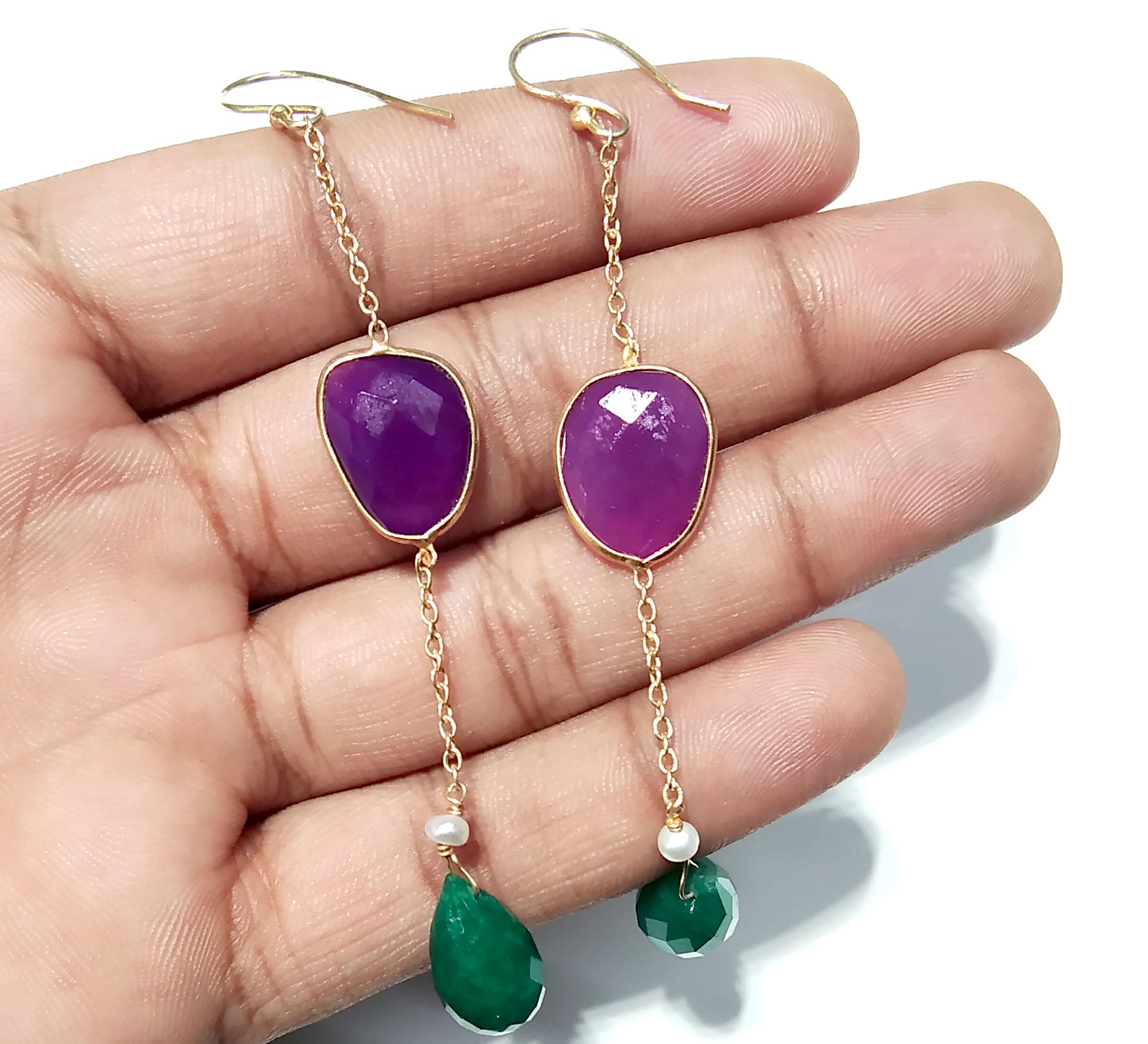 Natural Green Jade & Pink Chalcedony Gemstone Earring, 925 Starling Silver With Gold Plated Earring, Bezel Handmade Earring, For Girls/Women