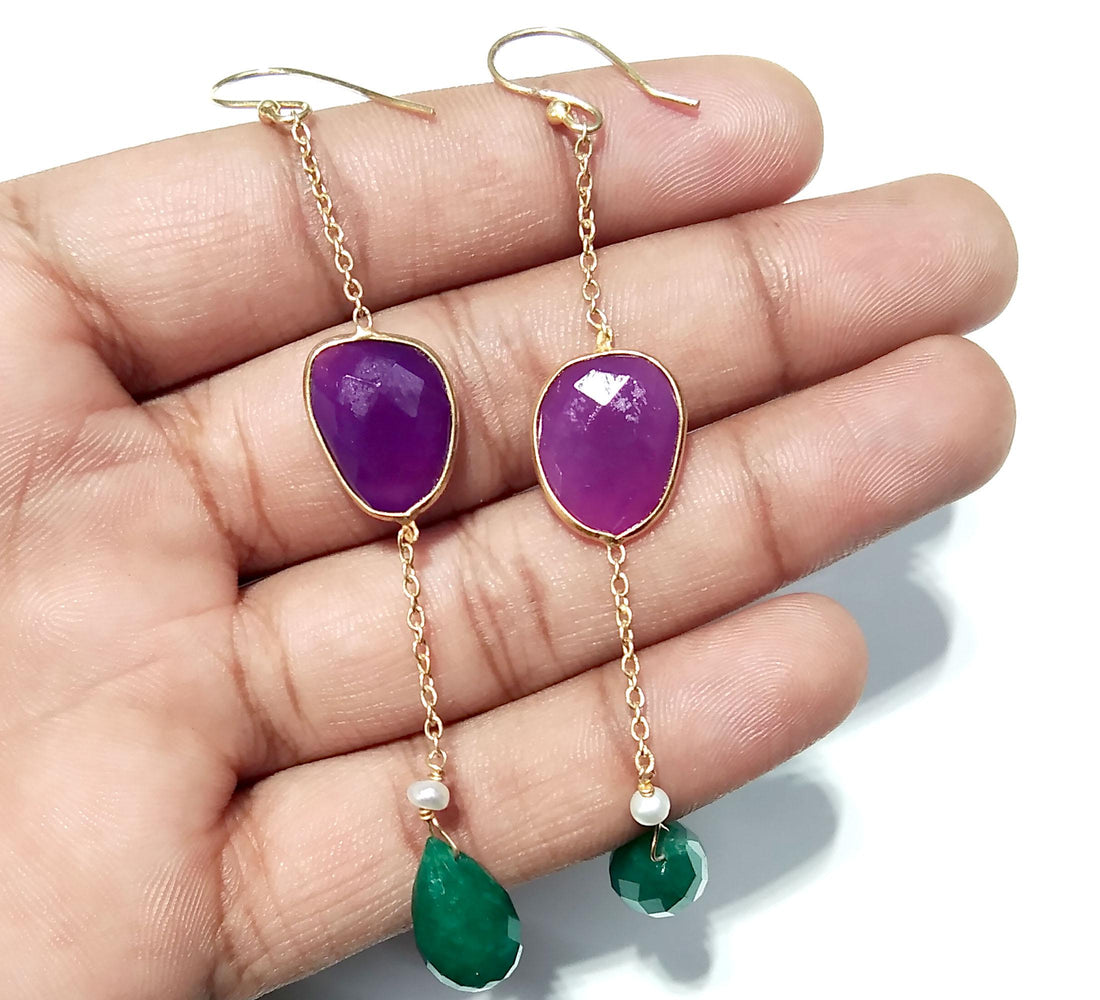 Natural Green Jade & Pink Chalcedony Gemstone Earring, 925 Starling Silver With Gold Plated Earring, Bezel Handmade Earring, For Girls/Women
