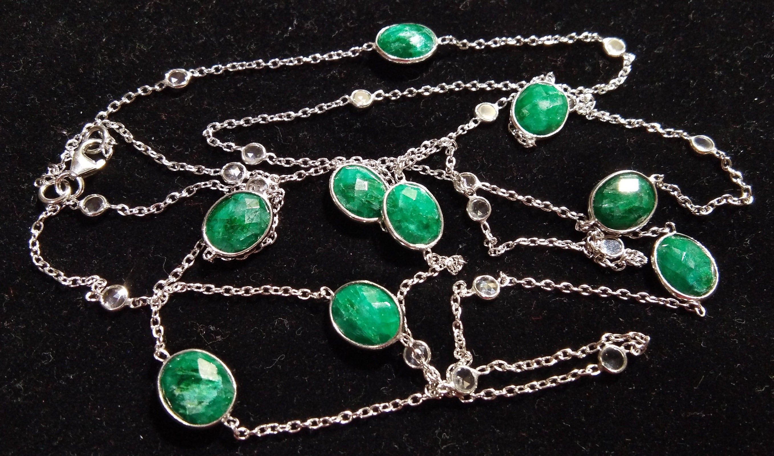 Emerald Necklace Chain,  925 Sterling Silver With Zircon Polky Necklace, Handmade Bezel Necklace, 40" Inches Length.