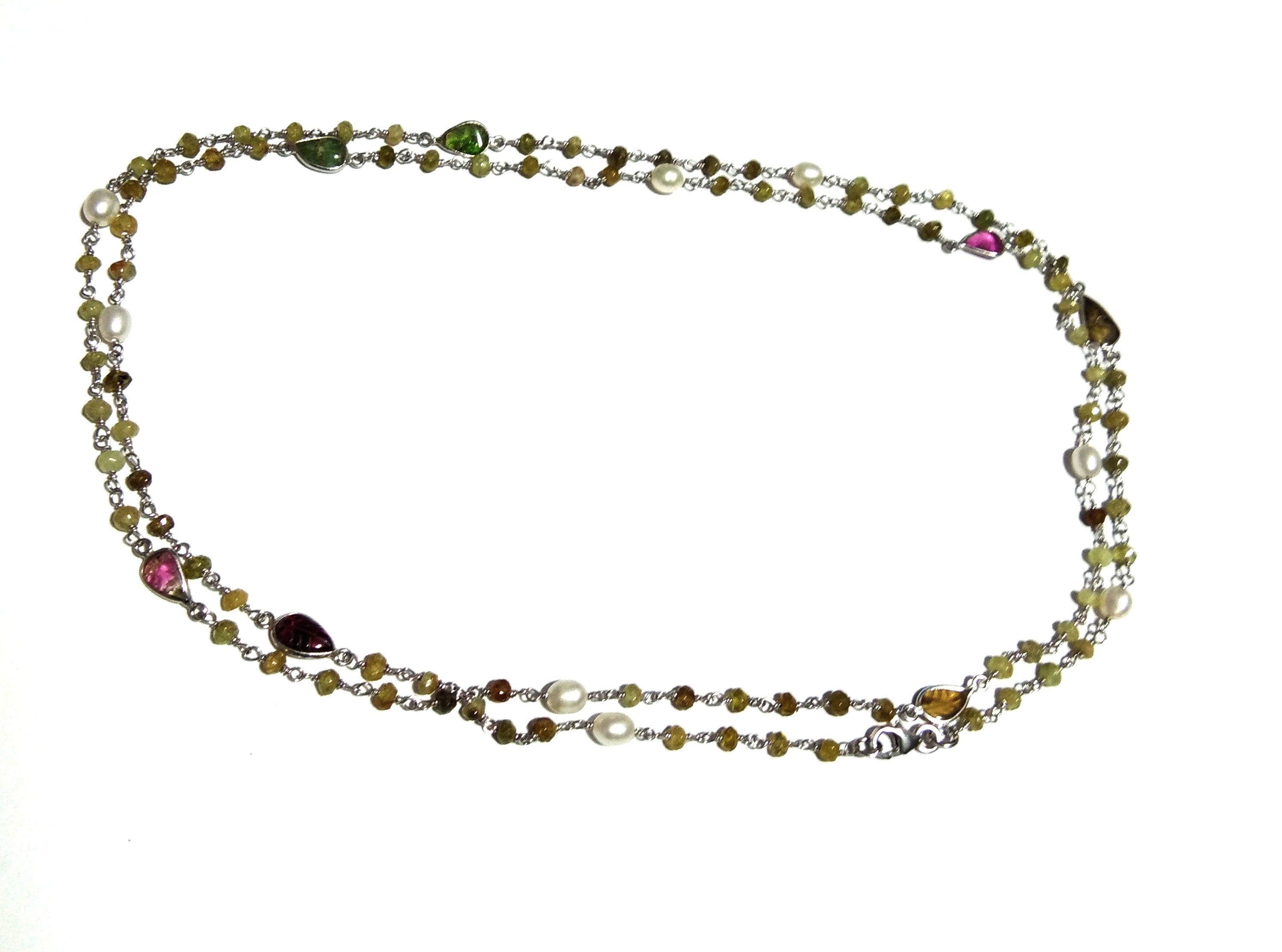 Natural Hessonite,Tourmaline Carving/Pearl Stone Chain Necklace, 925 Starling Silver Chain 44''Inches Gift Beads Chain Necklace Jewelry