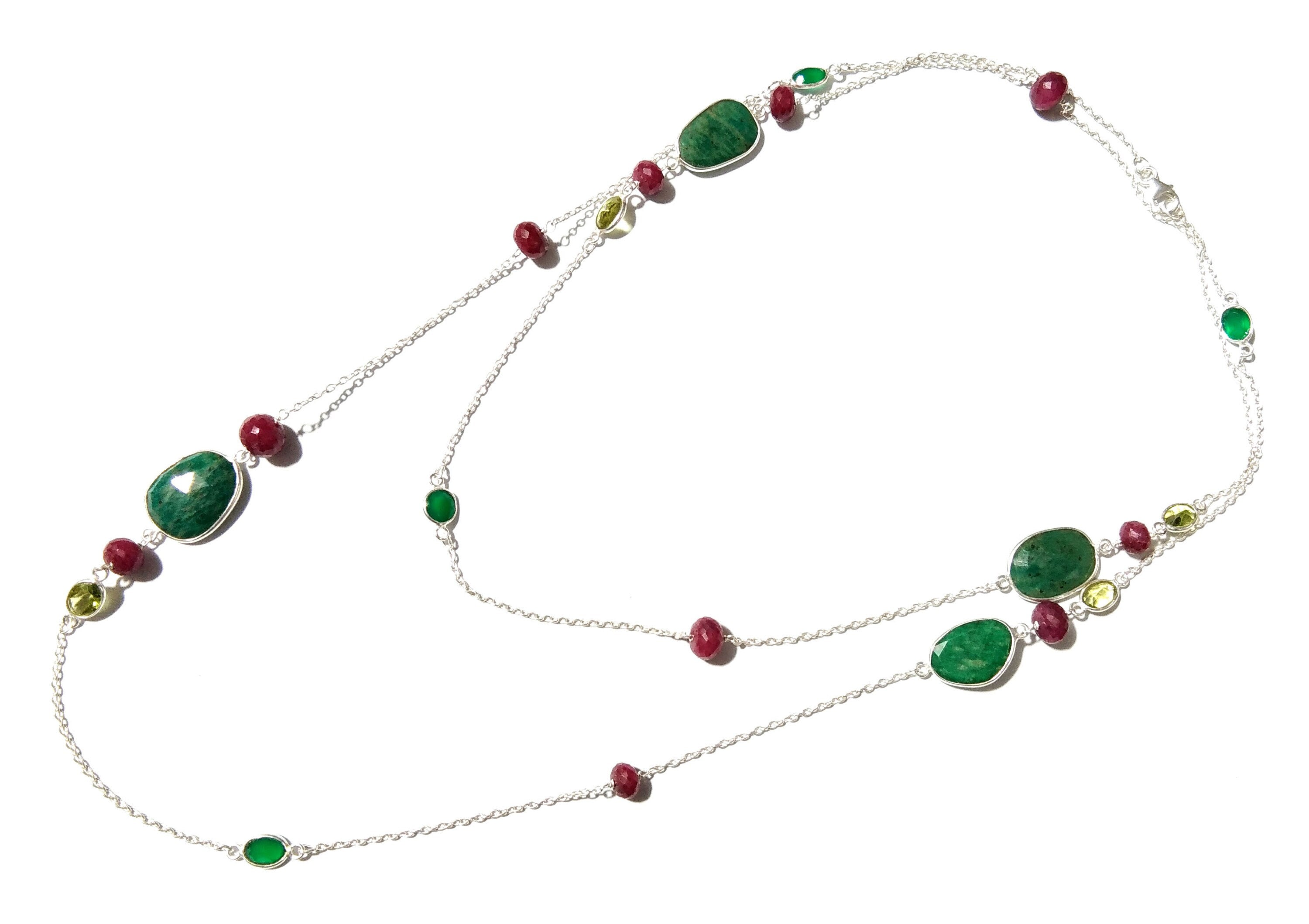 Log Chain Necklace Ruby Amazonite Peridot Green Onyx Stone Bezel & Beaded Necklace Chain 925 Starling Silver Necklace Chain 40 inche Chaine