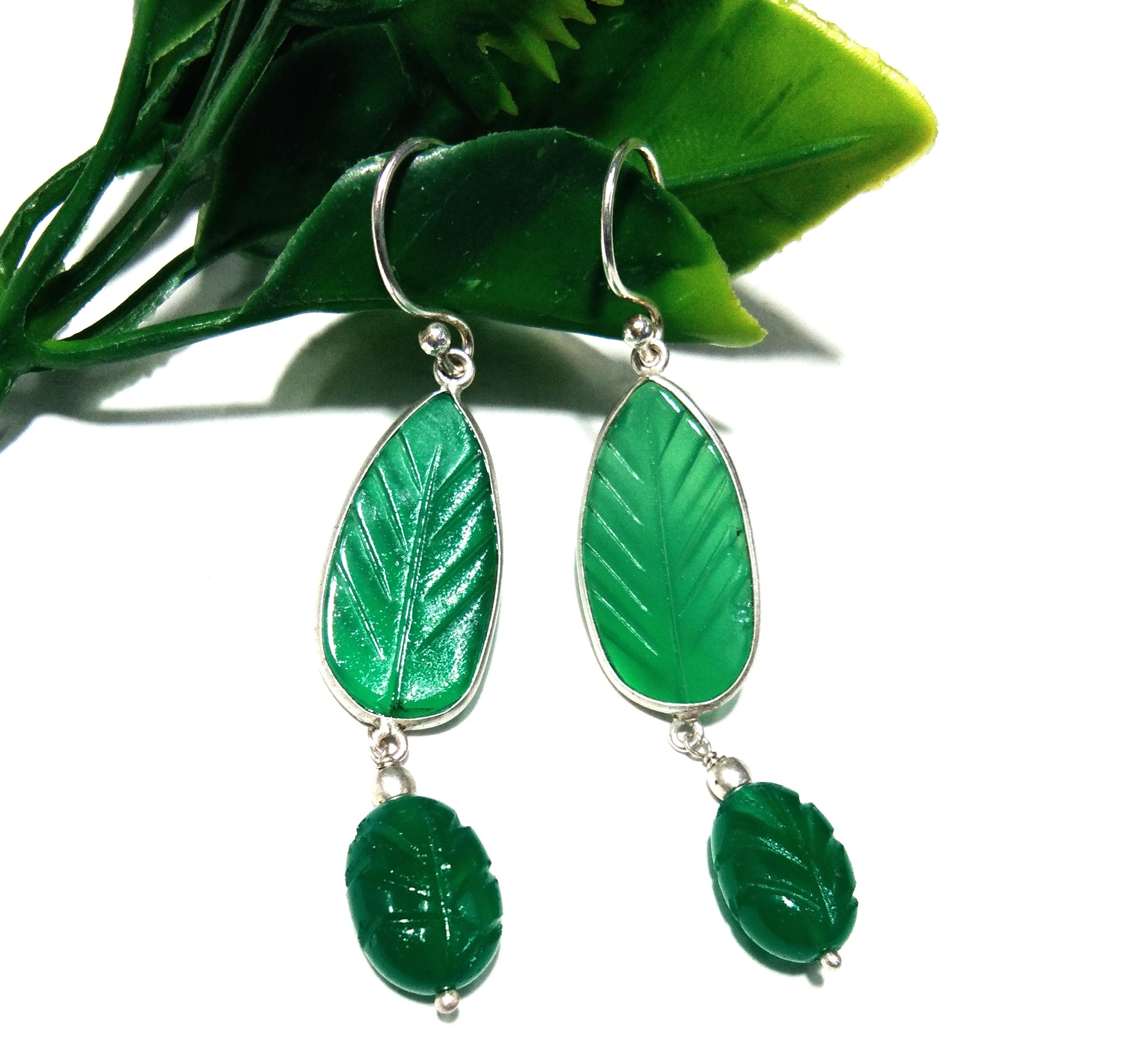 Natural Green Onyx Carved Gemstone Earring, 925 Solid Starling Silver Earring, Beautiful Onyx Carved Stone Handmade Gift Birthday Earring