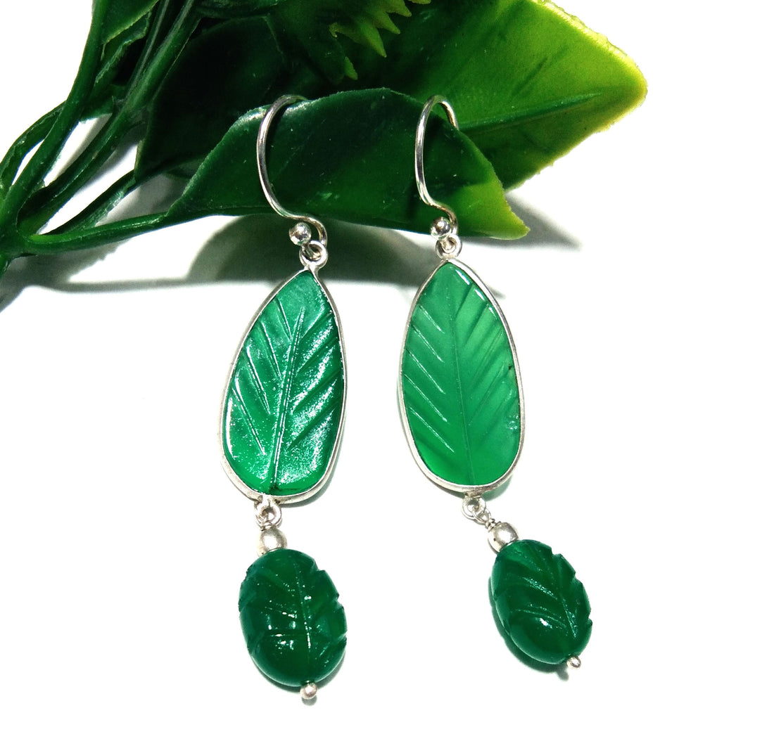 Natural Green Onyx Carved Gemstone Earring, 925 Solid Starling Silver Earring, Beautiful Onyx Carved Stone Handmade Gift Birthday Earring