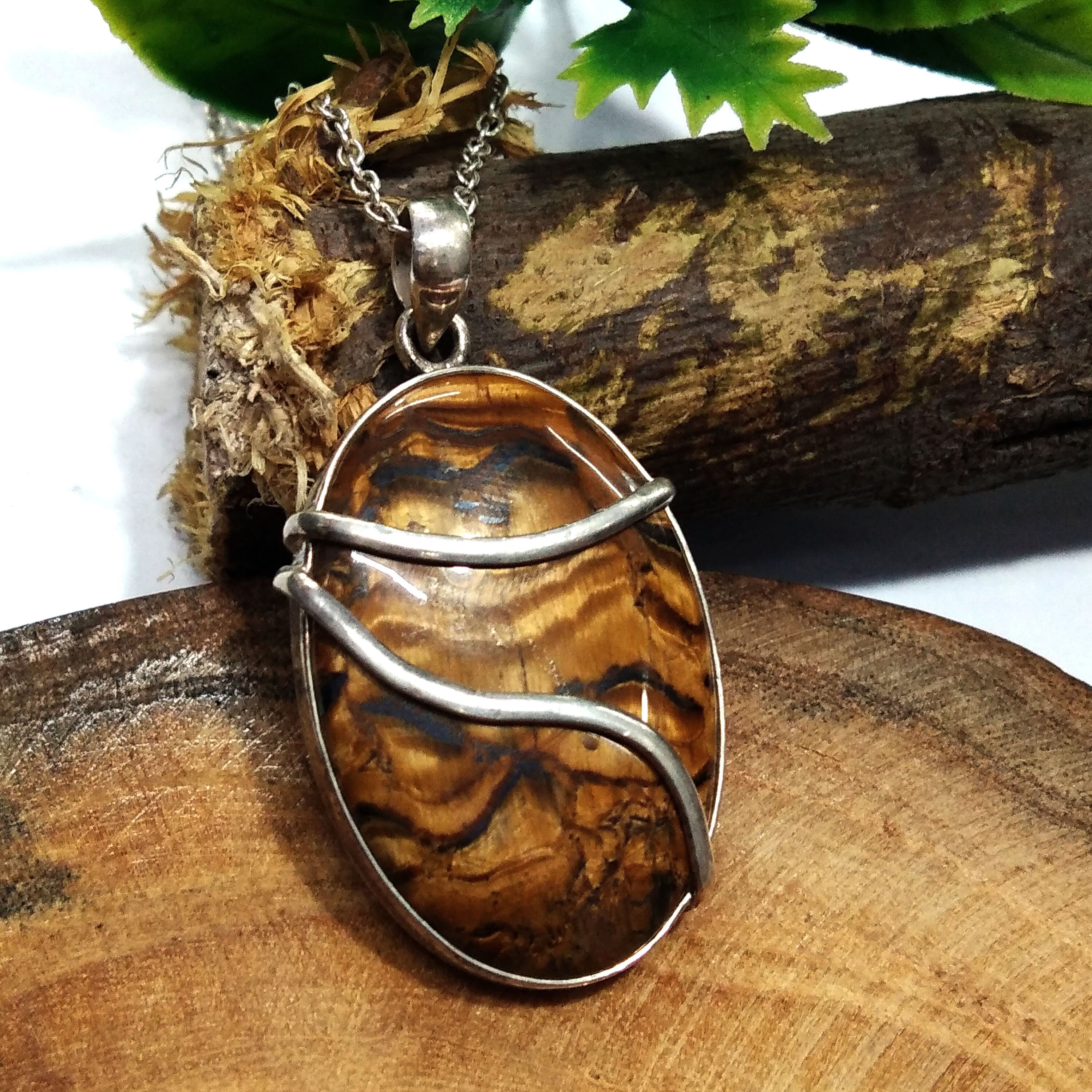 Natural Yellow Tiger Eye Gemstone Pendant Chain Necklace, 925 Starling Silver Pendant Necklace Handmade Stone Size 33x23mm Gift Boho Pendant