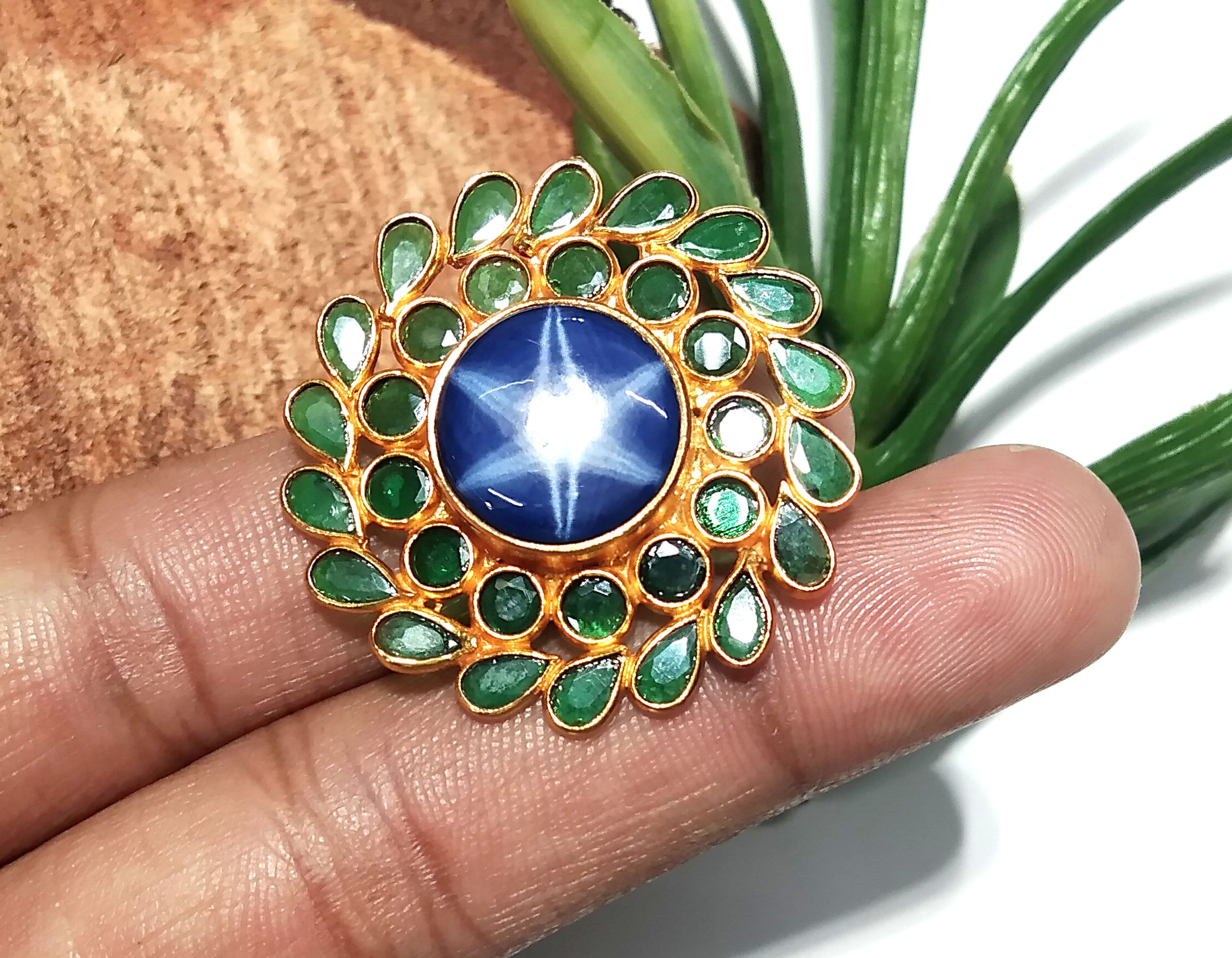 Natural Blue Sapphire Lindy Star & Green Zircon Polki Ring, 925 Silver With Gold Plated Ring, Handmade Jewelry Ring, Gift For Girls/Women