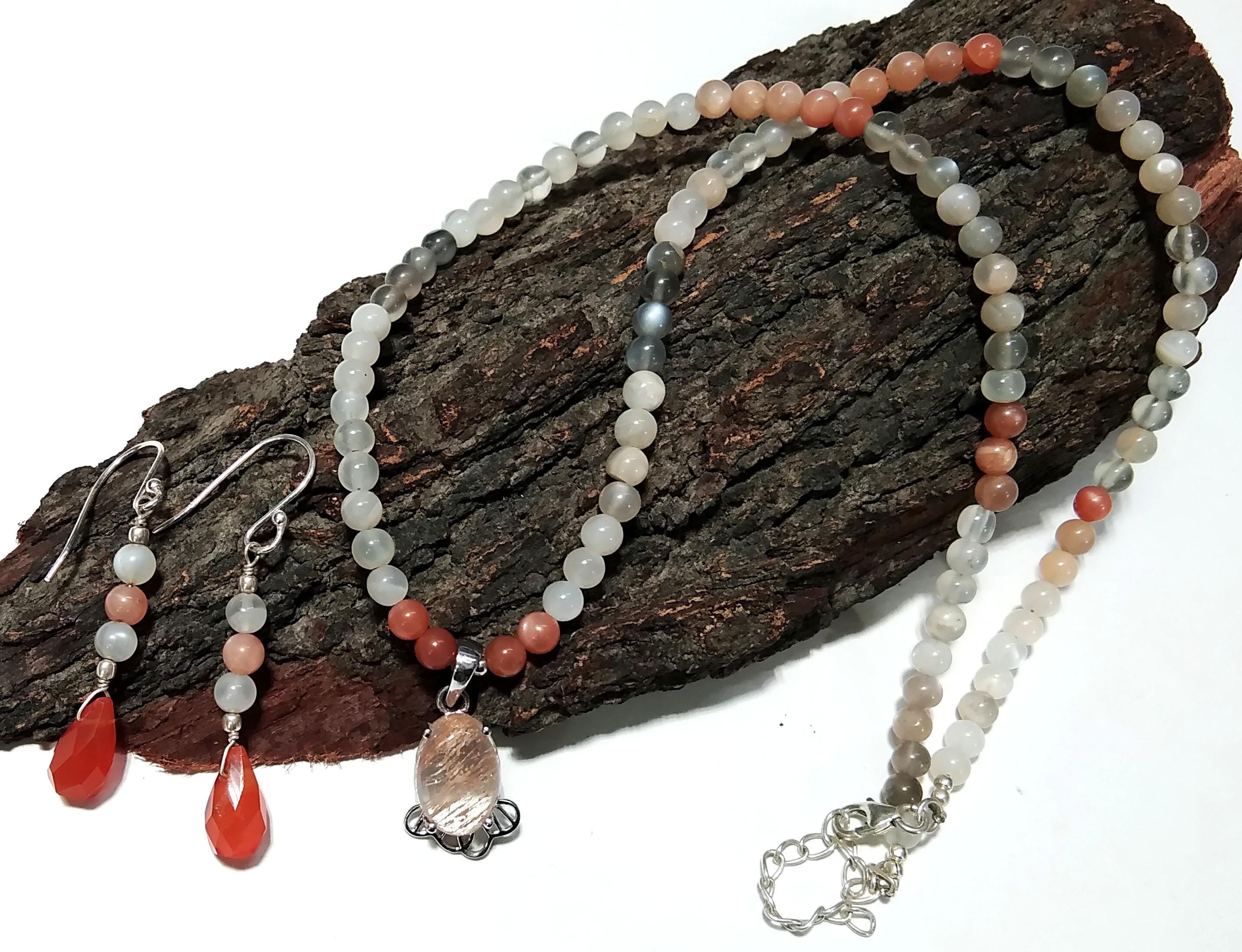 Natural Rutile Quartz/Peach Moonstone Beads Necklace Earring Jewelry Set, 925 Sterling Silver Necklace Beaded Necklace Statement Jewelry
